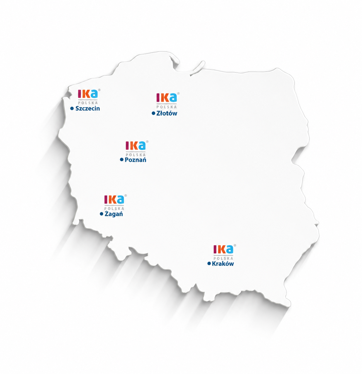 Mapa Polski z pięcioma lokalizacjami IKA: Szczecin, Złotów, Poznań, Żagań i Kraków